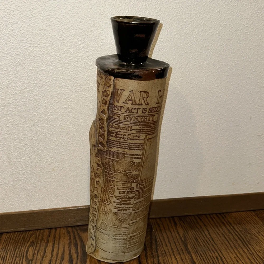 Signed Studio Art Pottery Vase Newspaper Print 16”